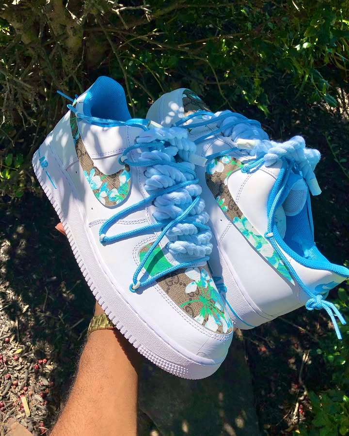 Hand Painted Blue Floral Custom Air Force 1 Sneakers