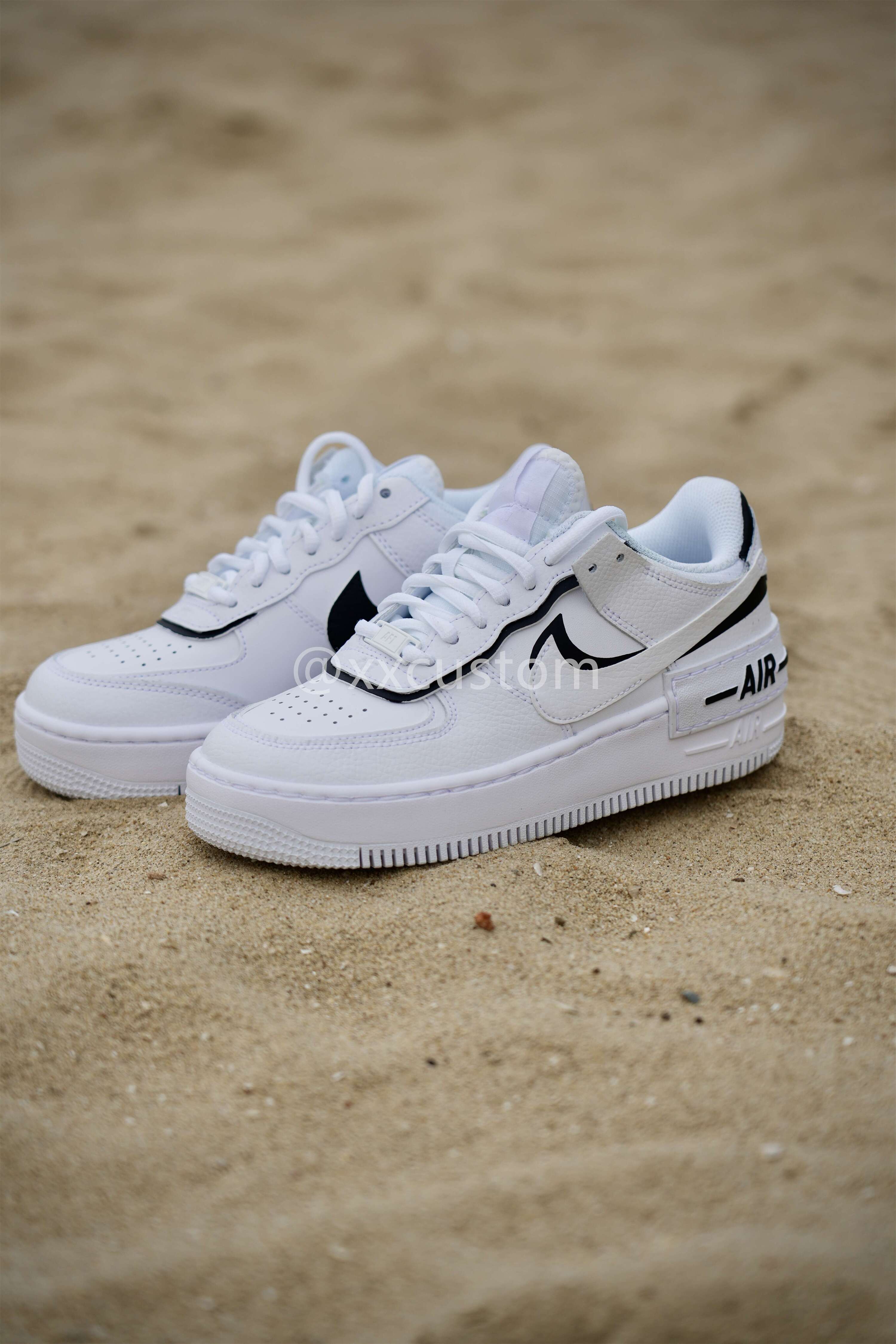 Custom Air Force 1 Black White Swoosh Shadow