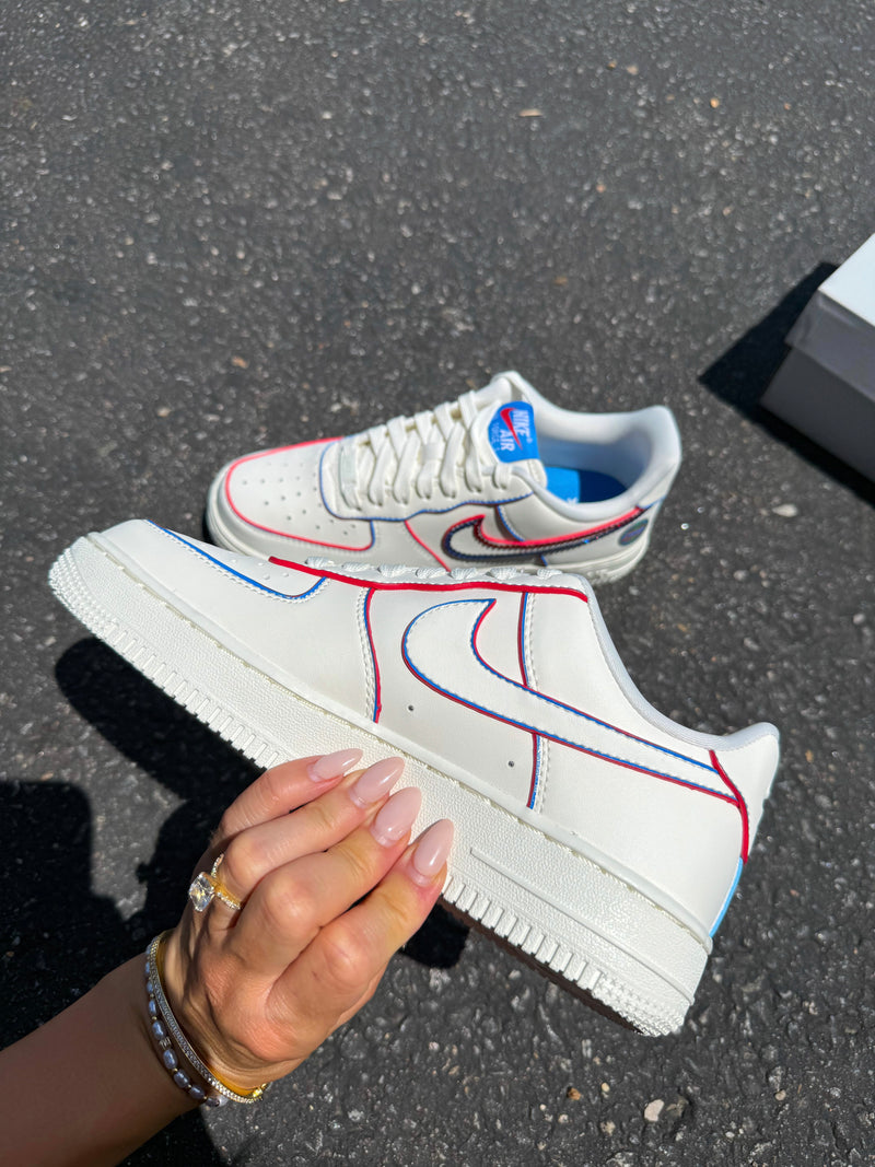 Hand Painted Custom Air Force 1 Sneakers Red Blue Accents