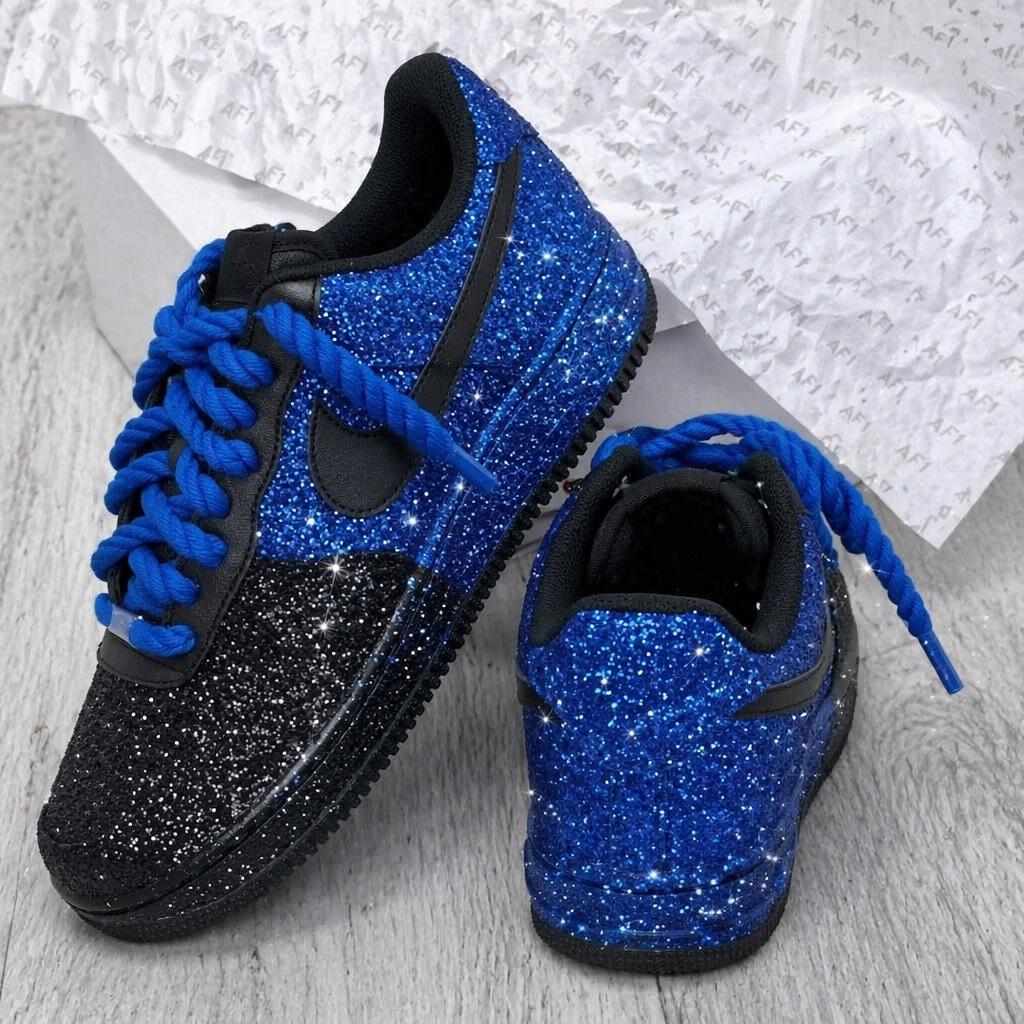 Hand Painted Blue Black Glitter Custom Air Force 1 Sneakers
