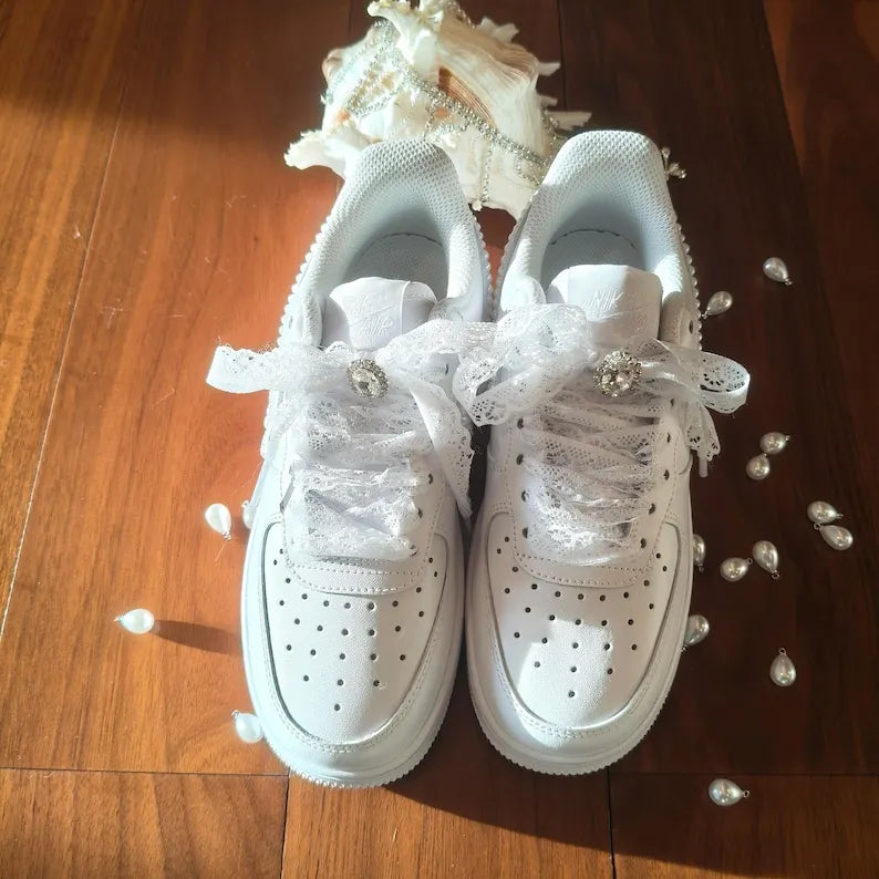 Personalized Name Date Pearl Lace Bridal Custom Air Force 1, Handmade Wedding Custom Sneakers for Bride