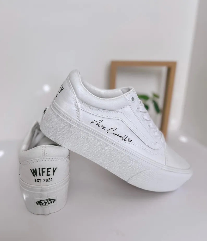 Personalized Bride & Groom Wedding Custom Sneakers, Custom Air Force 1 Pearl Bridal Shoes for Newlywed Wifey and Husband