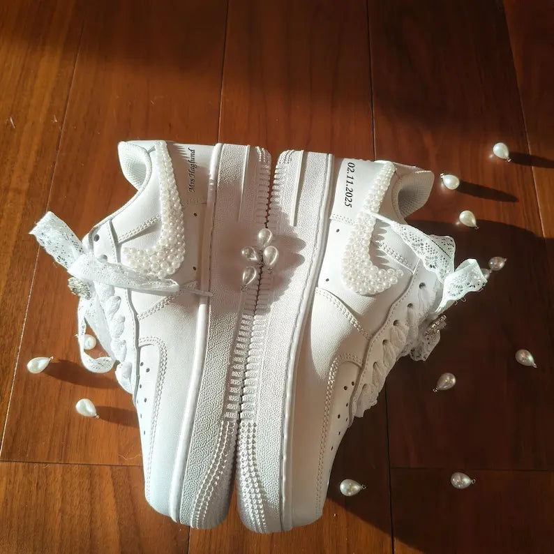 Personalized Name Date Pearl Lace Bridal Custom Air Force 1, Handmade Wedding Custom Sneakers for Bride