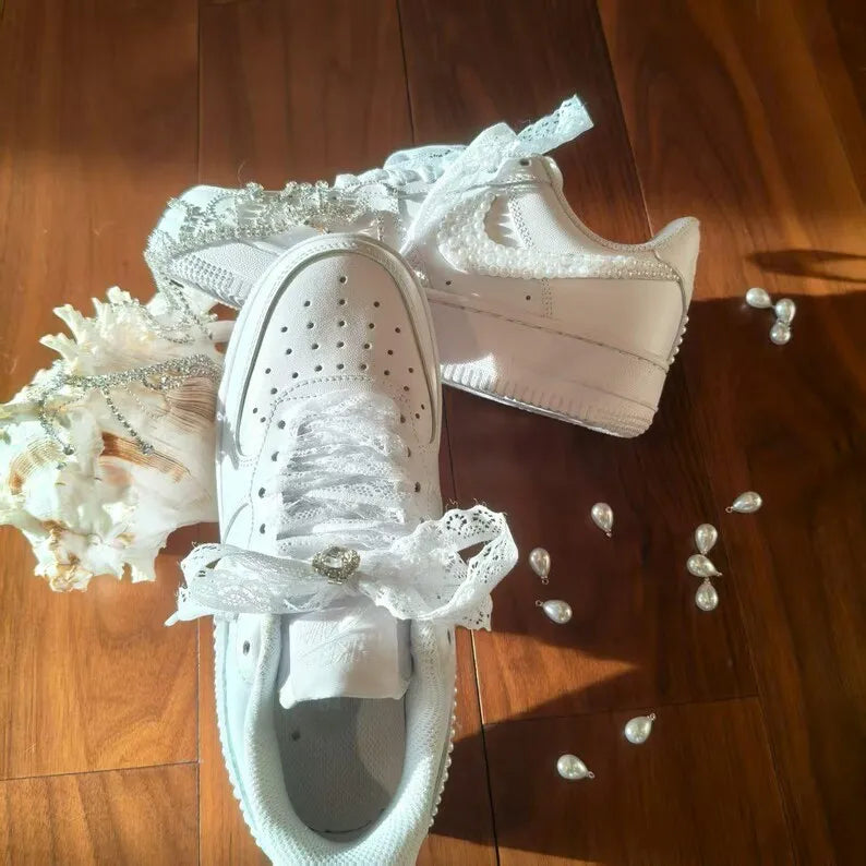 Personalized Name Date Pearl Lace Bridal Custom Air Force 1, Handmade Wedding Custom Sneakers for Bride