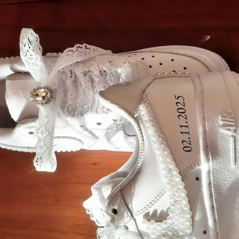 Personalized Name Date Pearl Lace Bridal Custom Air Force 1, Handmade Wedding Custom Sneakers for Bride