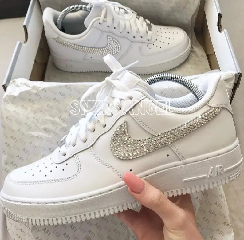 Bling Rhinestone Embellished White Custom Air Force 1, Sparkly Handmade Custom Sneakers for Women