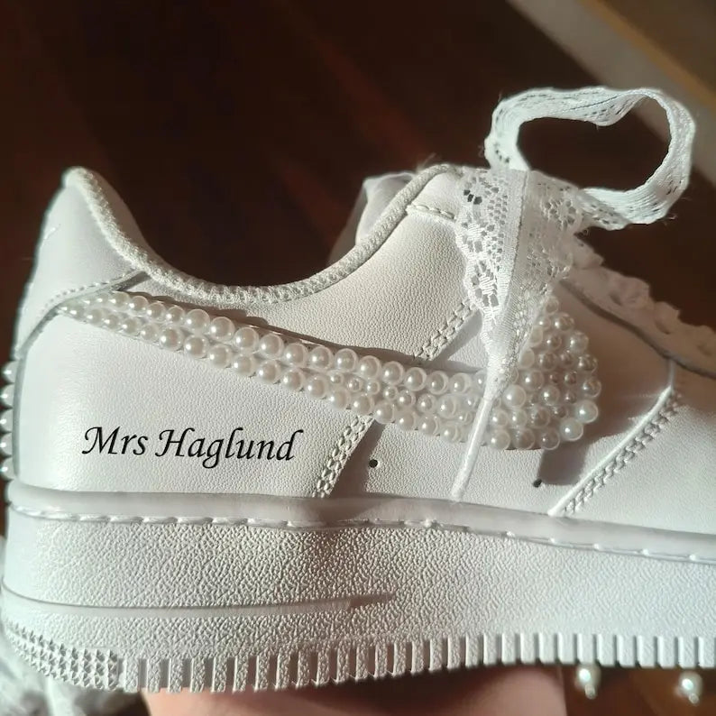 Personalized Bride & Groom Wedding Custom Sneakers, Custom Air Force 1 Pearl Bridal Shoes for Newlywed Wifey and Husband
