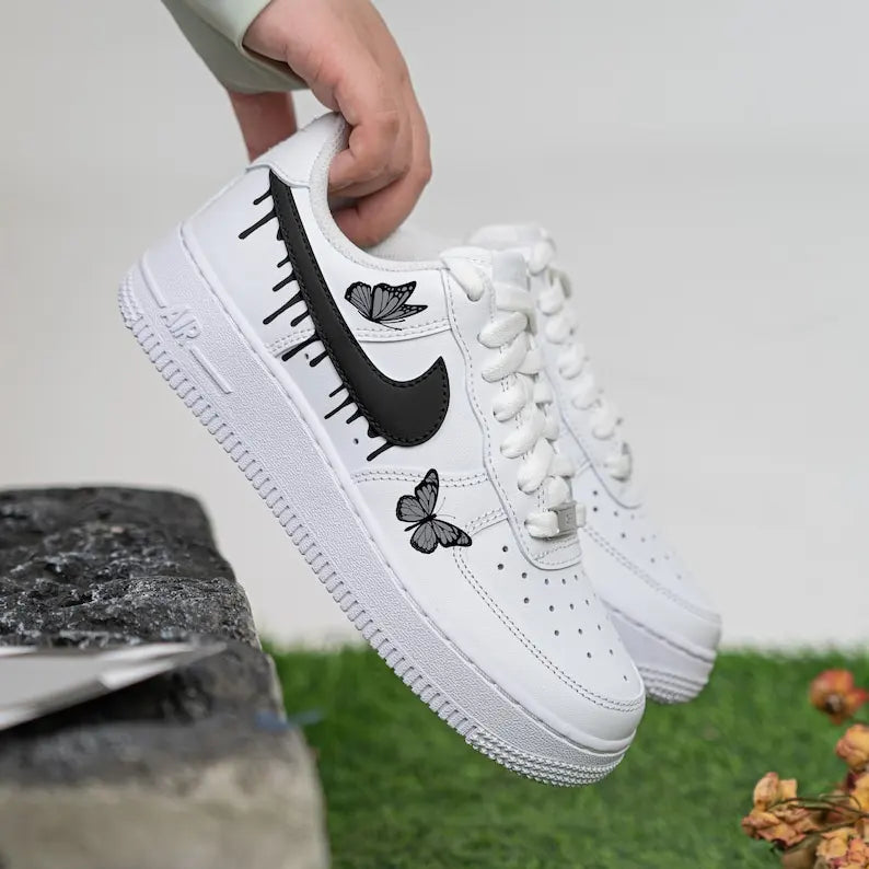 Black Butterfly Drip Hand Painted Custom Air Force 1, Unique Aesthetic Personalized Custom Sneakers