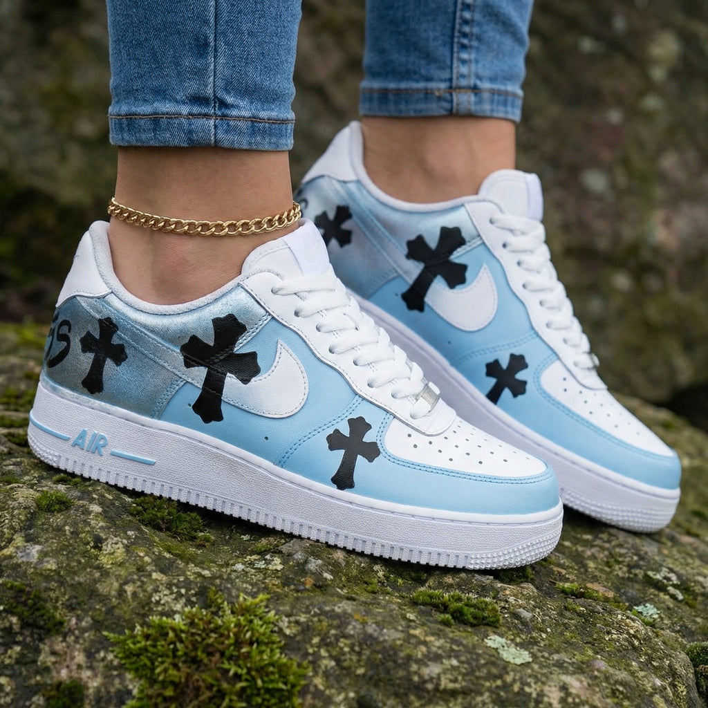 Black Crosses Baby Blue Silver Custom Air Force 1