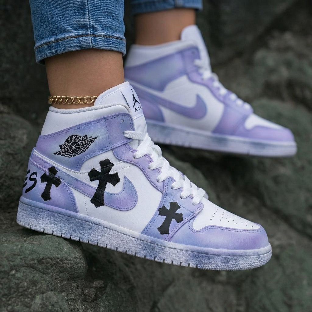 Black Crosses White Purple Custom Air Jordan 1