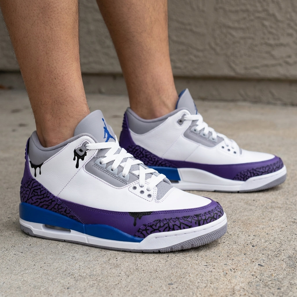 Black Drip Crackle Purple Blue Grey Custom Air Jordan 3