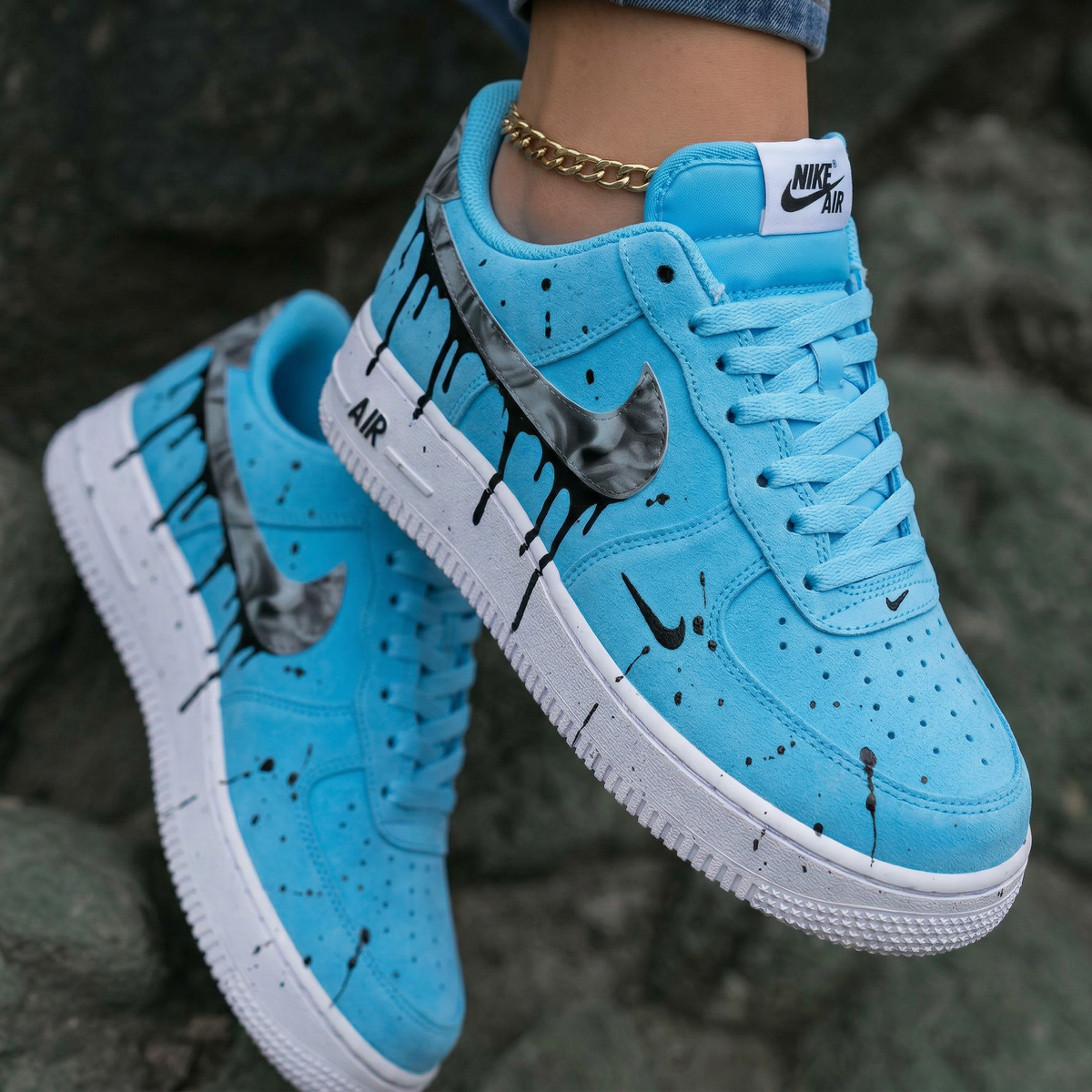 Black Drip Paint Splatter Marble Swoosh Baby Blue Custom Air Force 1