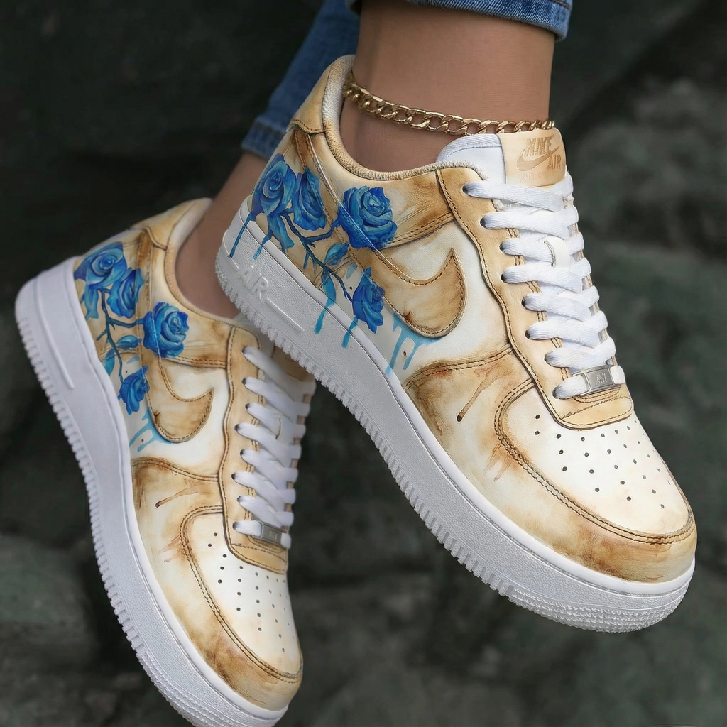 Blue Rose Pattern Tan Custom Air Force 1