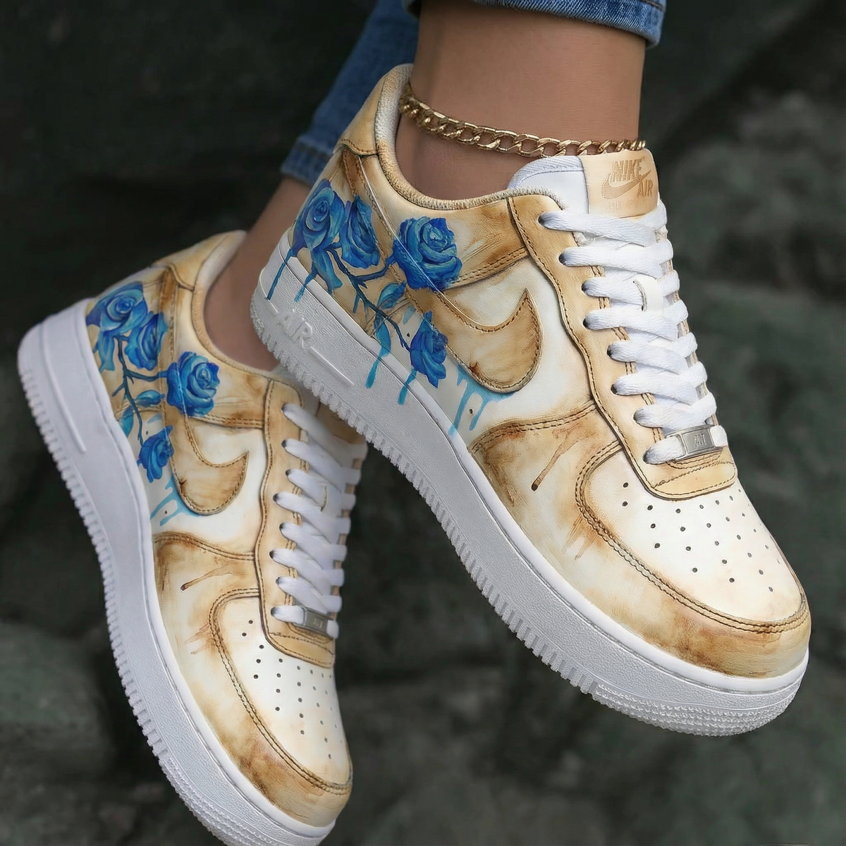 Blue Rose Pattern Tan Custom Air Force 1