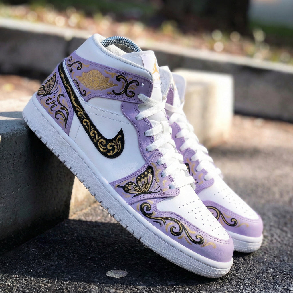 Butterflies and Scrolls Pattern Baby Purple and White Custom Air Jordan 1