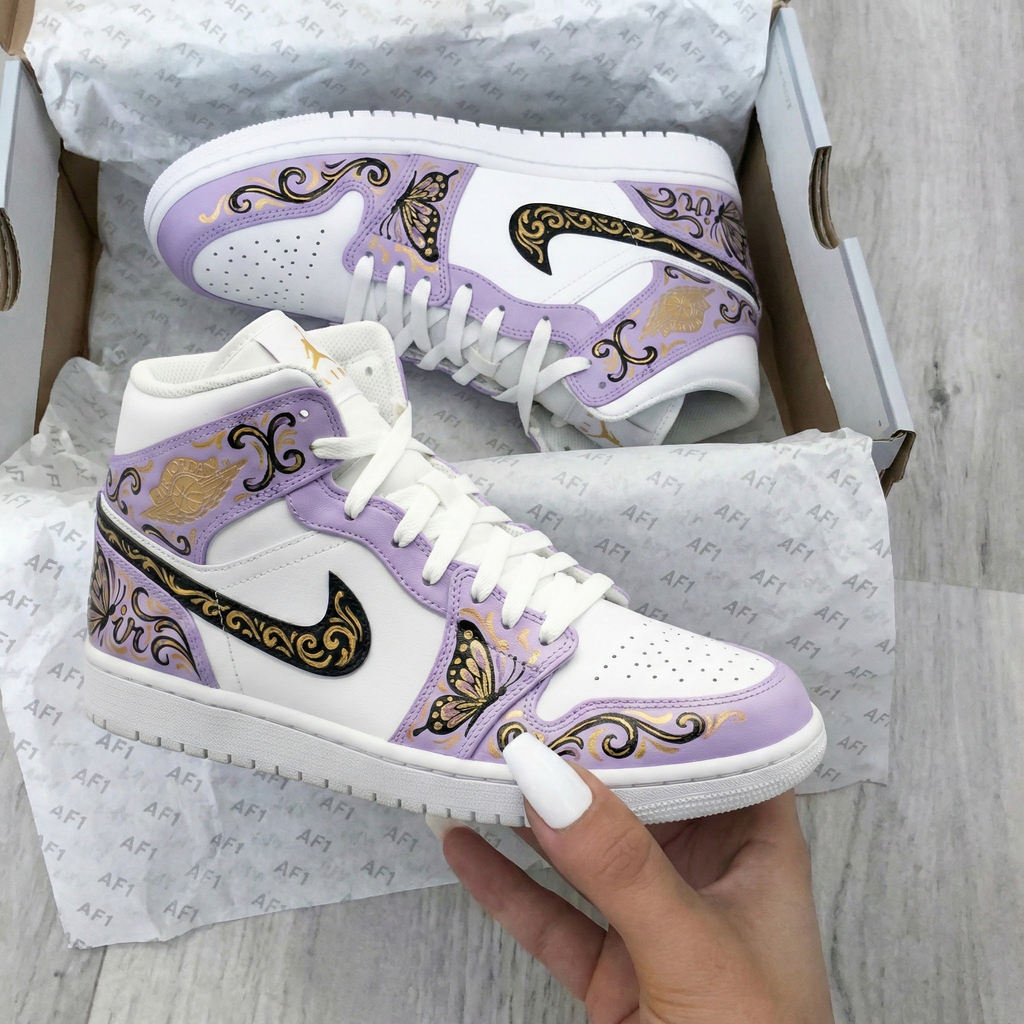 Butterflies and Scrolls Pattern Baby Purple and White Custom Air Jordan 1