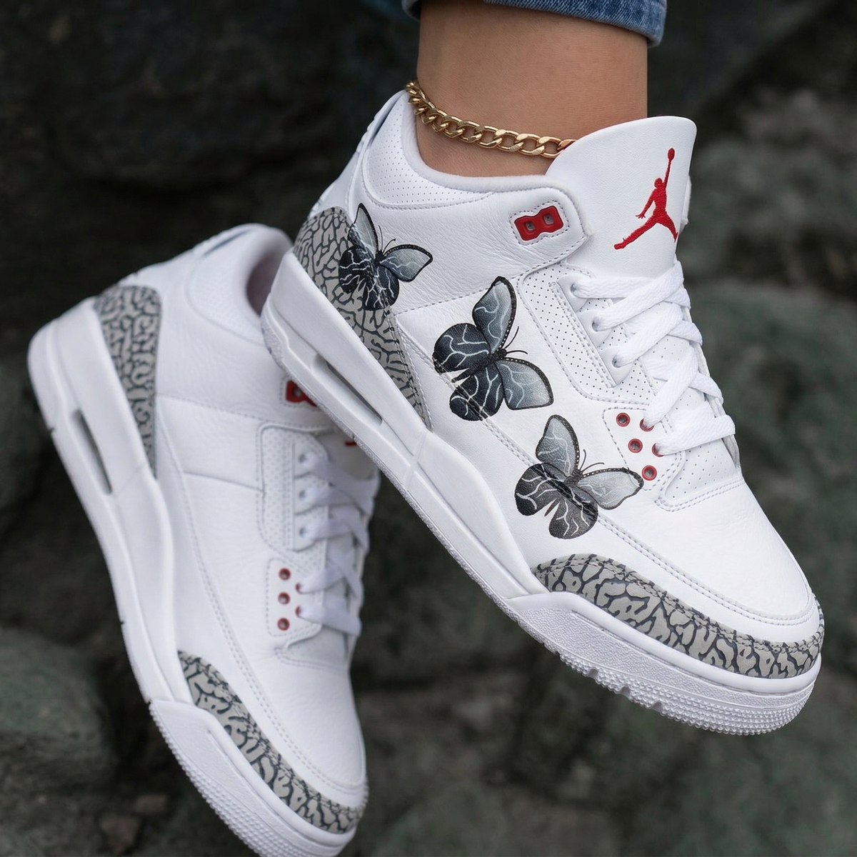 Butterflies Cement Print Gray Red Custom Air Jordan 3