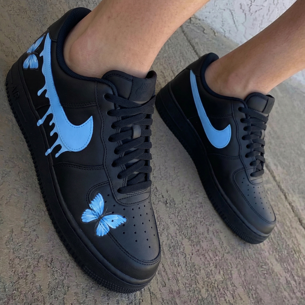 Butterflies Dripping Baby Blue Black Custom Air Force 1