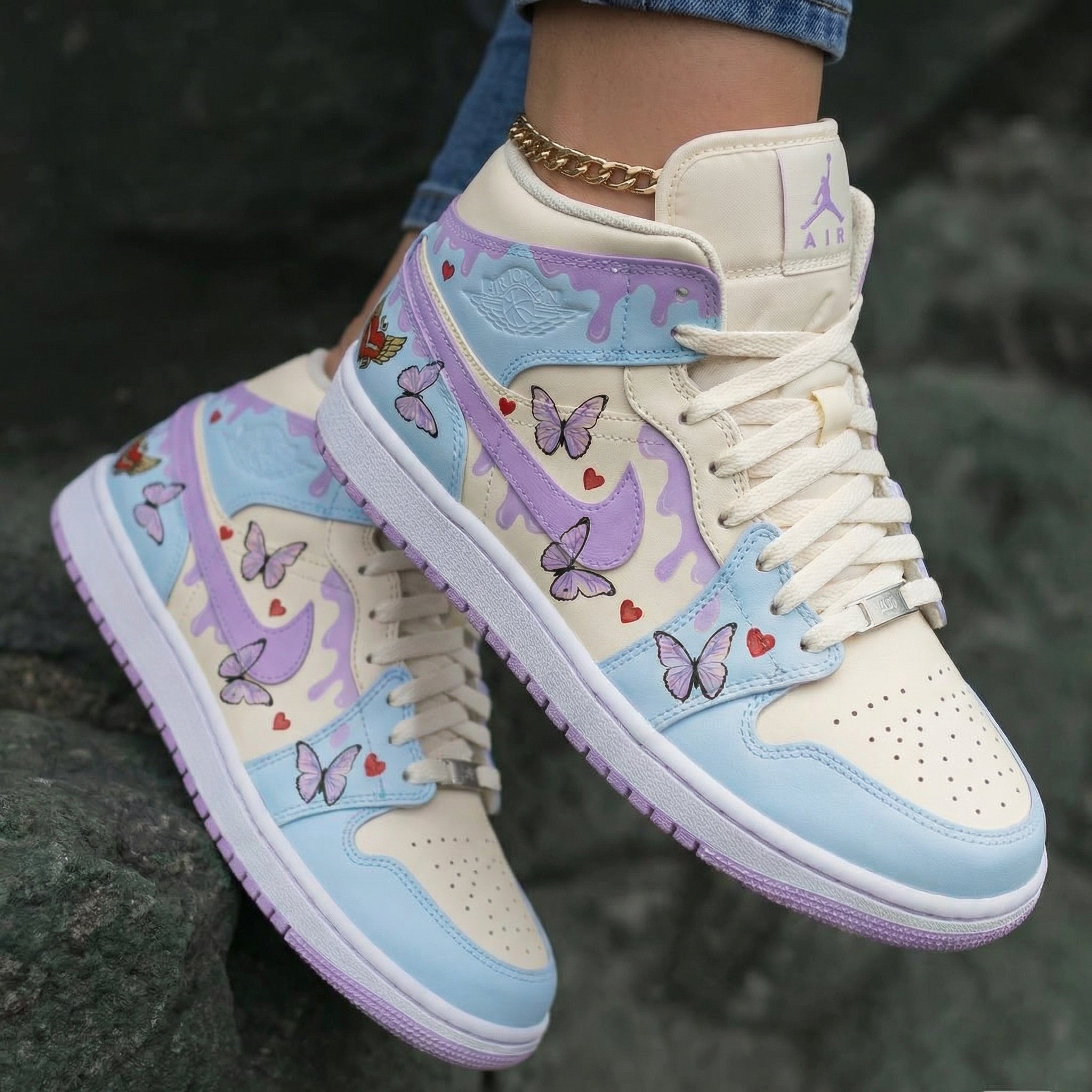 Butterflies Hearts Pattern Baby Blue Lilac Custom Air Jordan 1