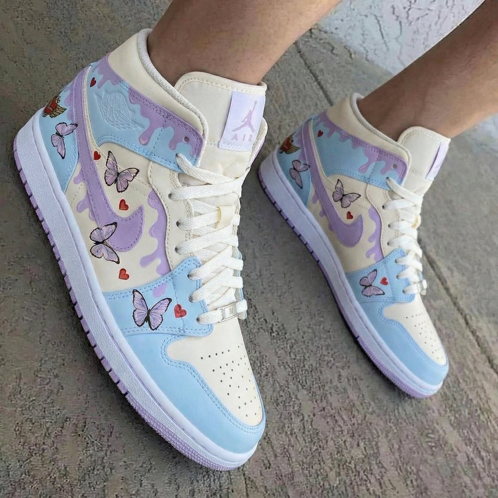 Butterflies Hearts Pattern Baby Blue Lilac Custom Air Jordan 1