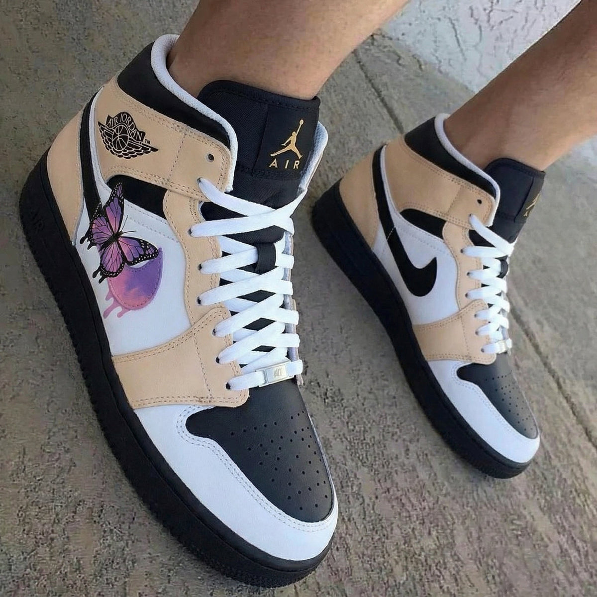 Butterfly Design Beige Black and White Custom Air Jordan 1