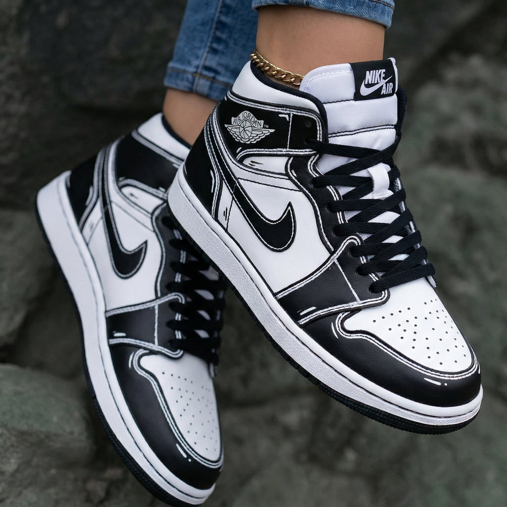 Cartoon Outline Black And White Custom Air Jordan 1