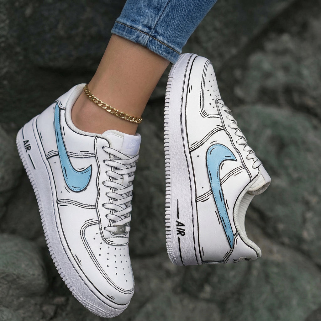 Cartoon Outline White Baby Blue Custom Air Force 1