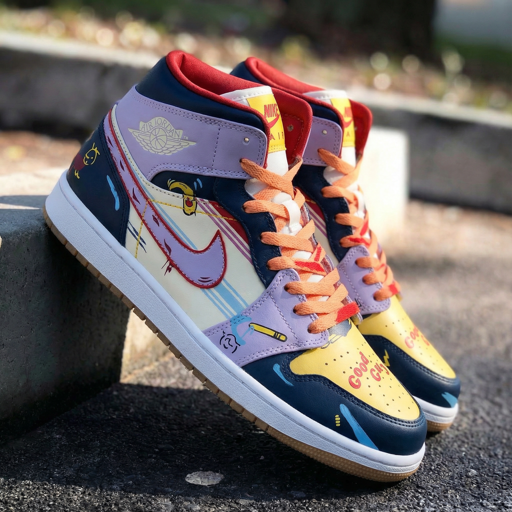 Cartoon Pattern Baby Purple Yellow Custom Air Jordan 1
