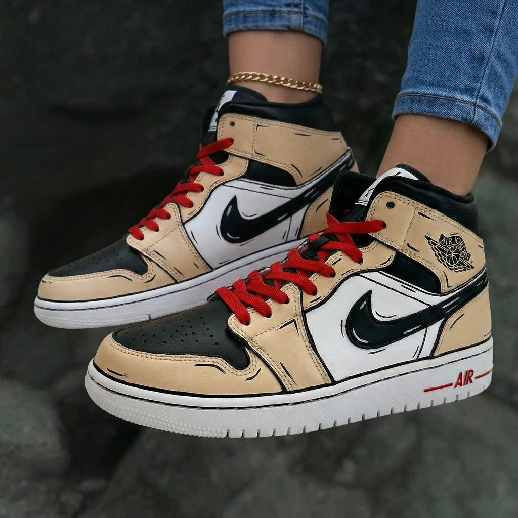 Cartoon Pattern Beige Black Red Custom Air Jordan 1