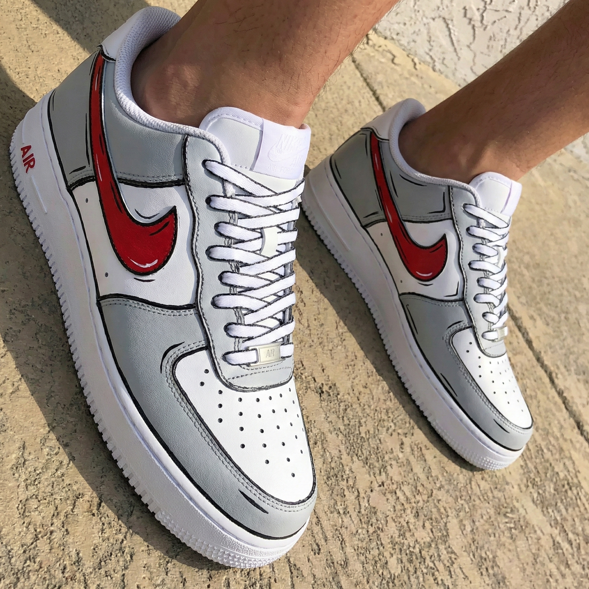 Cartoon Style Gray And Red Custom Air Force 1
