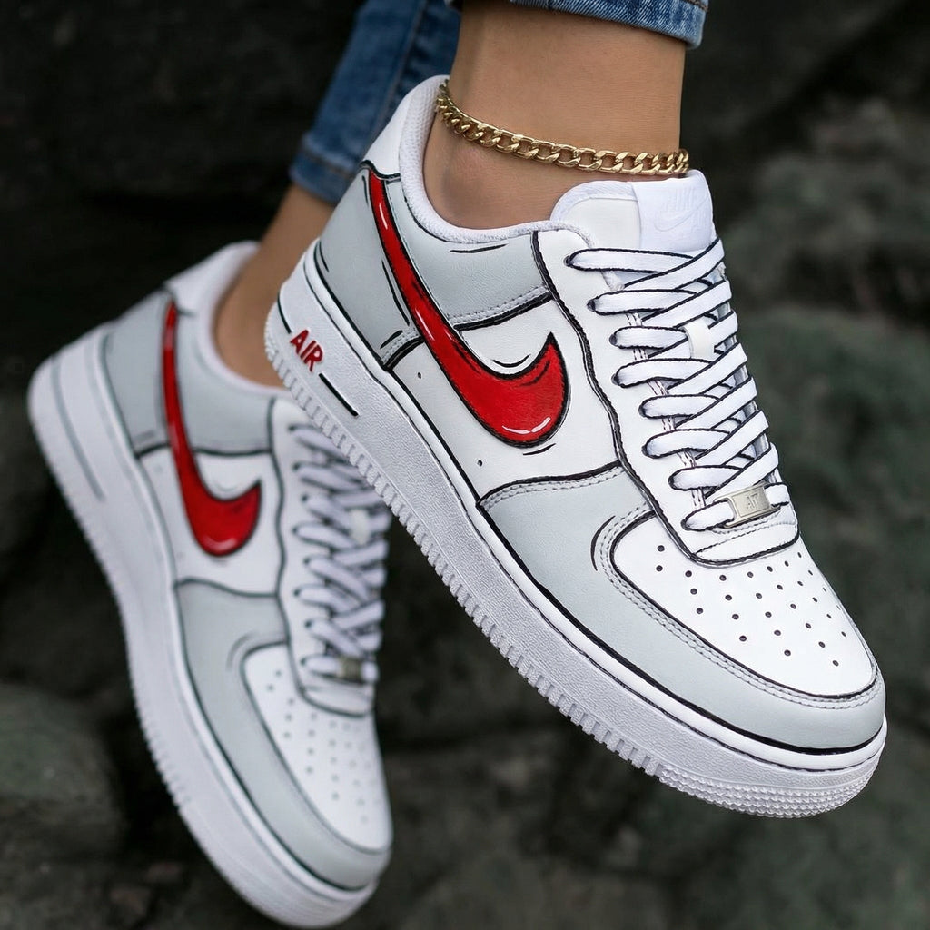Cartoon Style Gray And Red Custom Air Force 1