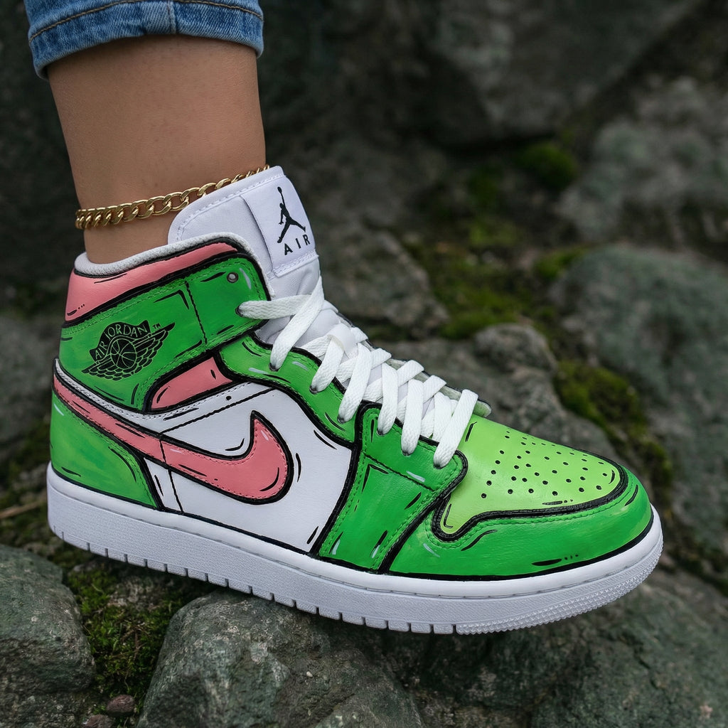 Cartoon Style Green Baby Pink Custom Air Jordan 1