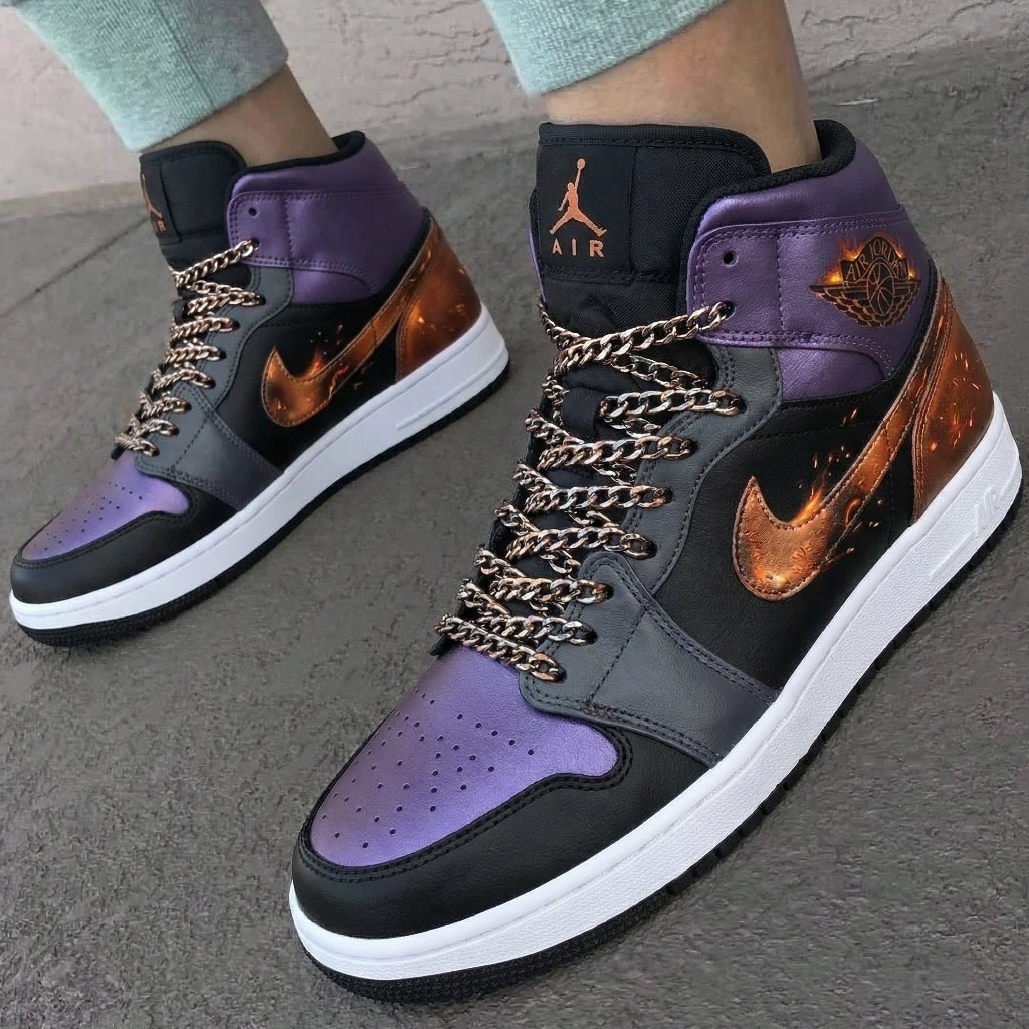 Chain Flame Pattern Purple Black Custom Air Jordan 1