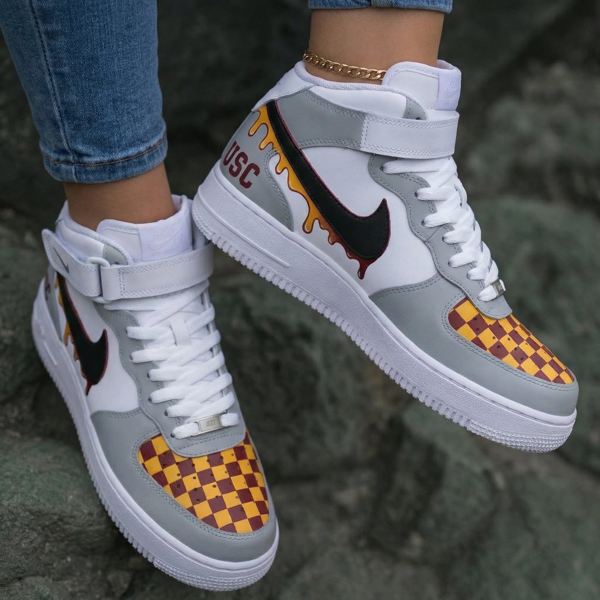 Checkered Pattern Yellow Maroon Custom Air Force 1