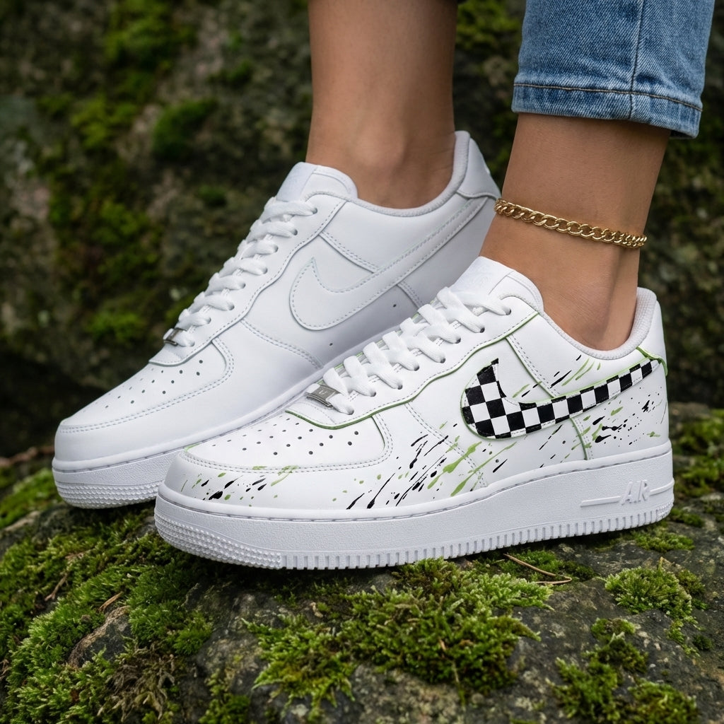 Checkered Swoosh Splatter Black Green Custom Air Force 1