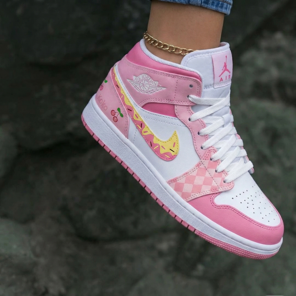 Cherries Checkerboard Koko Yellow Baby Pink Custom Air Jordan 1