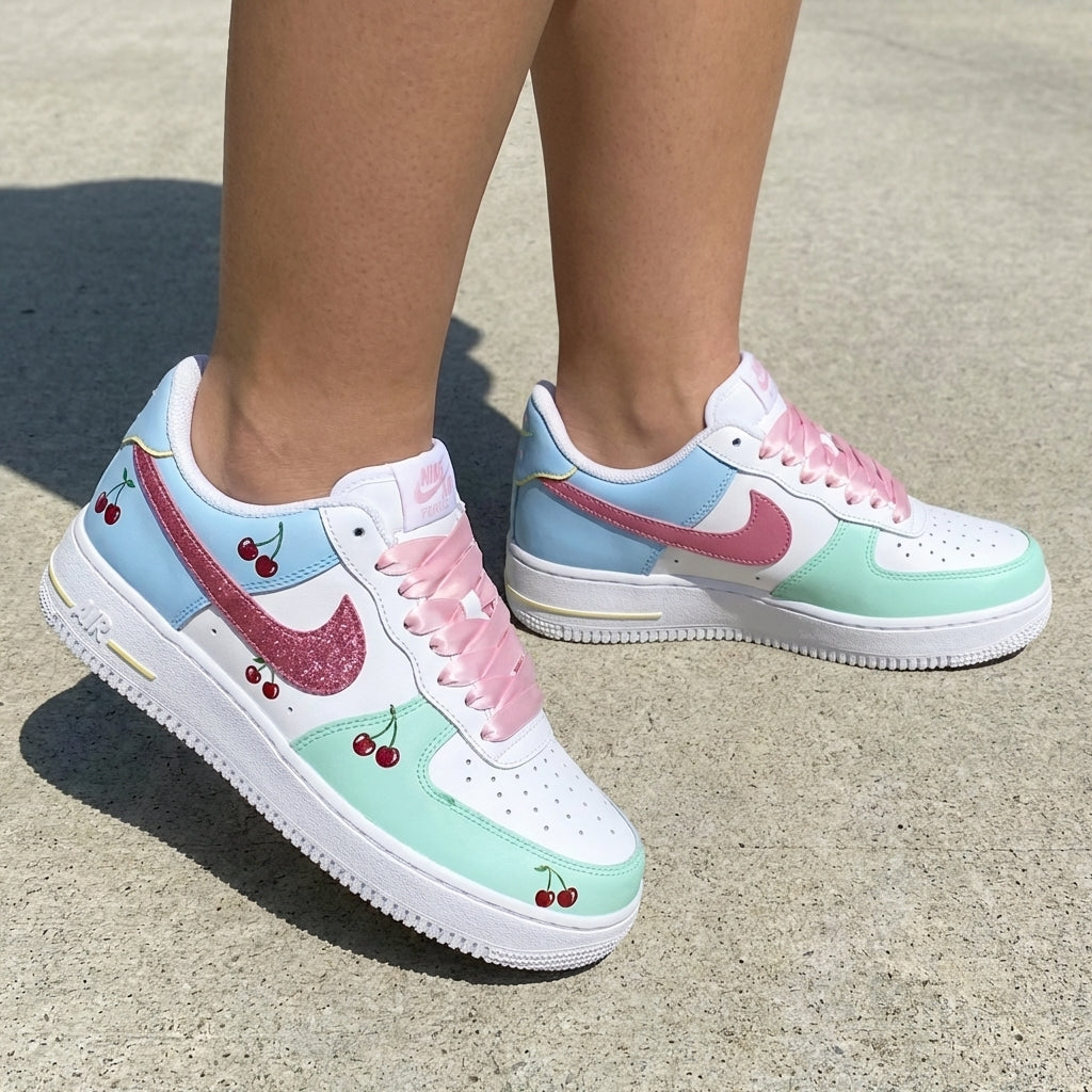 Cherries Glitter Swoosh Baby Blue Mint Green Pink Custom Air Force 1