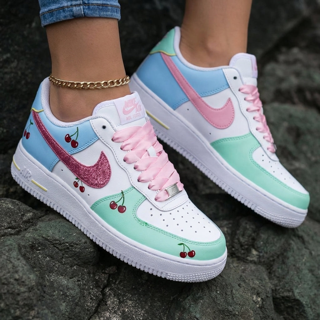 Cherries Glitter Swoosh Baby Blue Mint Green Pink Custom Air Force 1