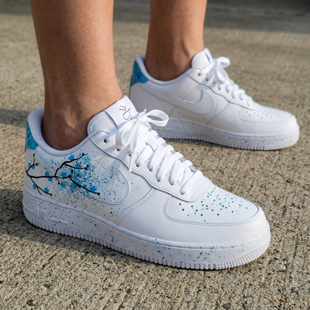 Cherry Blossom Branch Splatter Baby Blue Black Custom Air Force 1