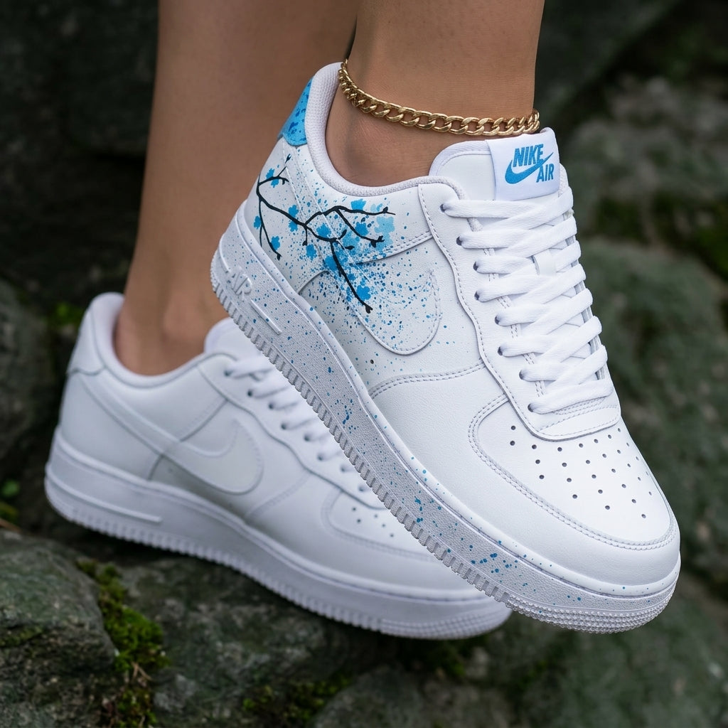 Cherry Blossom Branch Splatter Baby Blue Black Custom Air Force 1