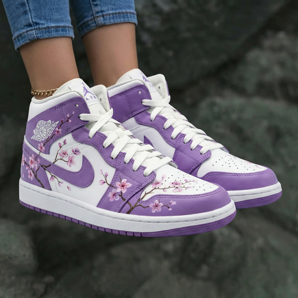 Cherry Blossom Pattern Purple White Custom Air Jordan 1
