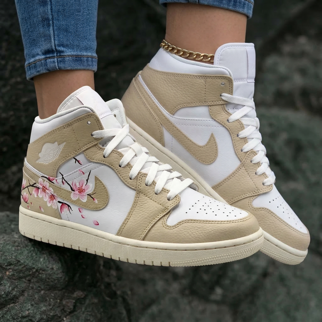 Cherry Blossoms Tan And White Custom Air Jordan 1