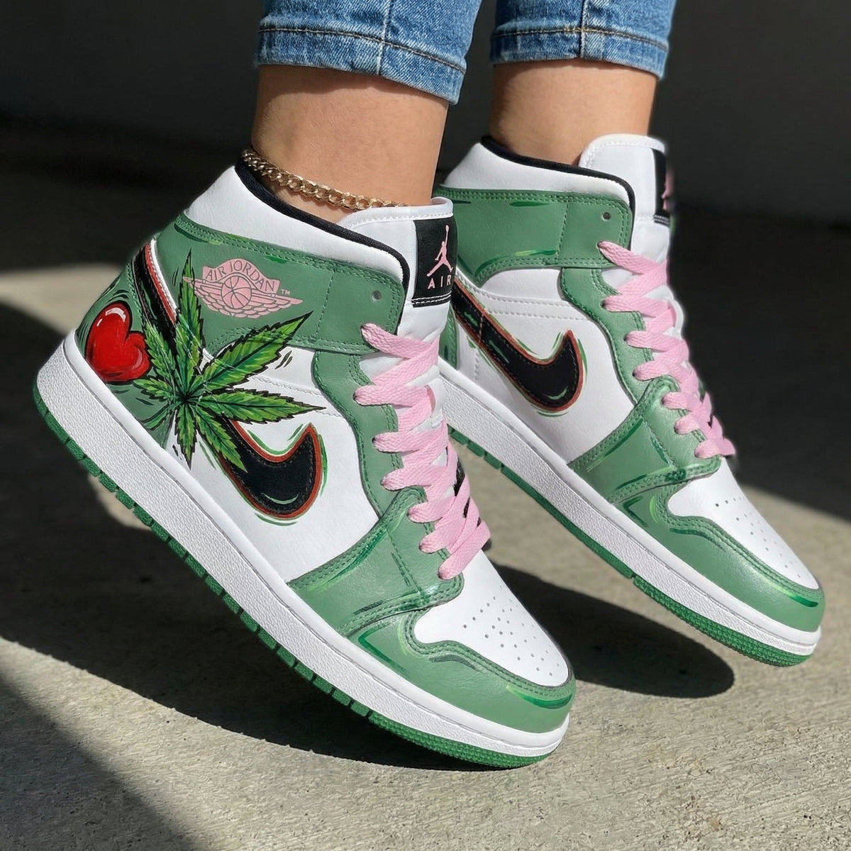Cherry Weed Pattern Green Baby Pink Custom Air Jordan 1
