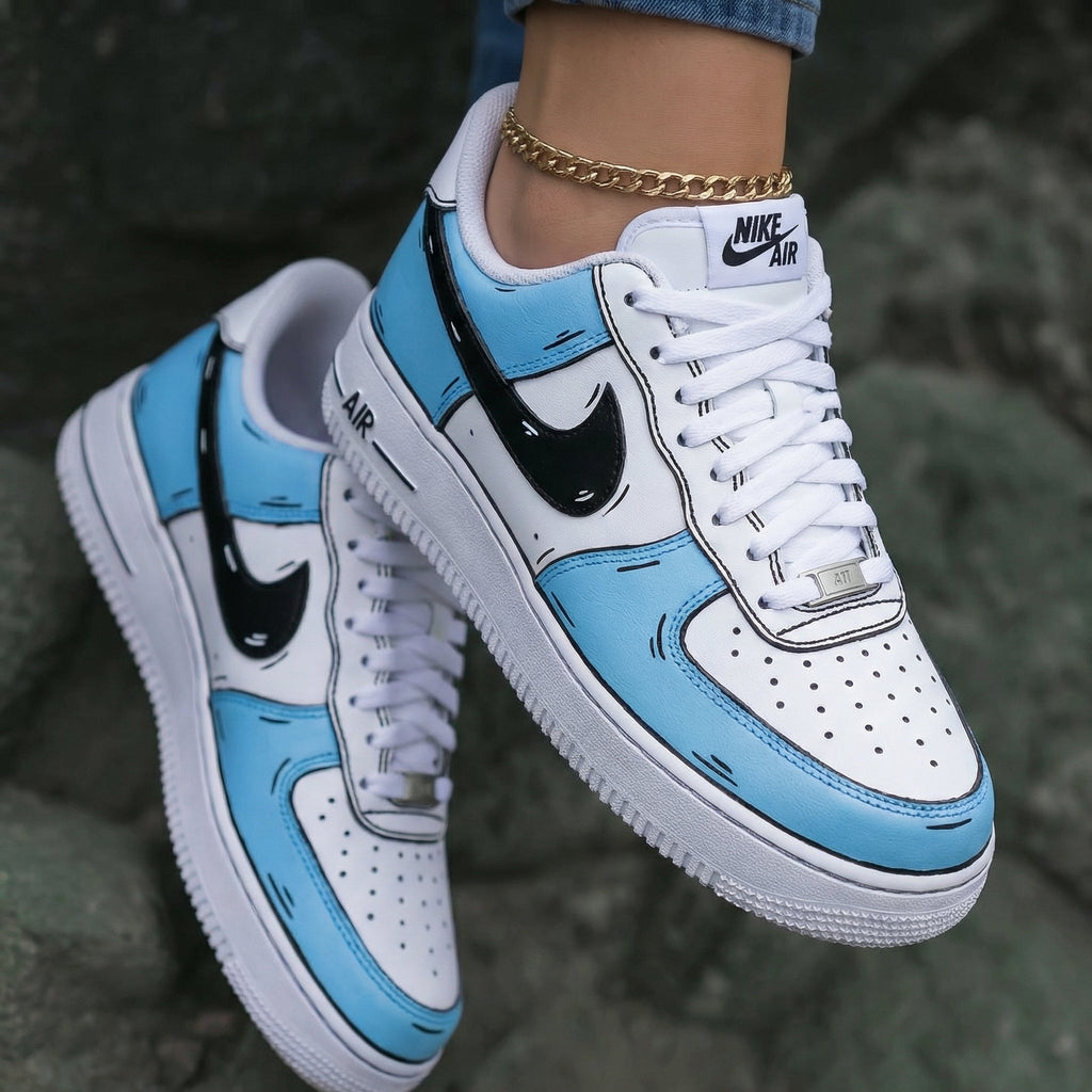 Comic Style Baby Blue Black Custom Air Force 1