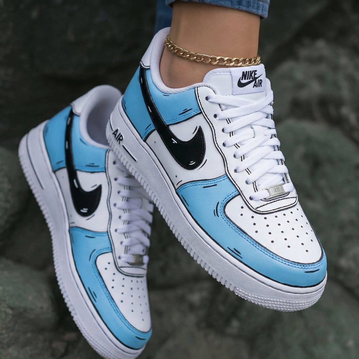 Comic Style Baby Blue Black Custom Air Force 1