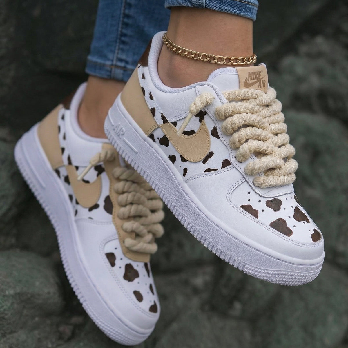 Cow Print Tan Custom Air Force 1 Thick Shoelace