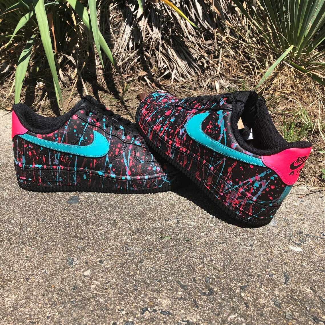Custom Air Force 1 Black Pink Teal Splatter Pattern