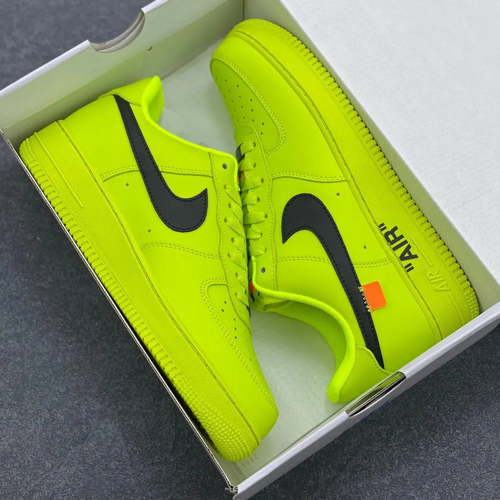Custom Air Force 1 Neon Yellow With Black Swoosh And Orange Tag