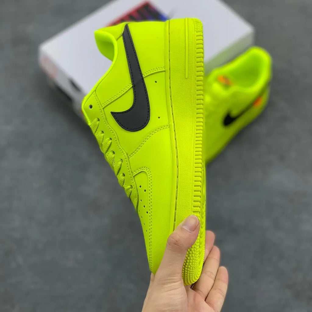 Custom Air Force 1 Neon Yellow With Black Swoosh And Orange Tag