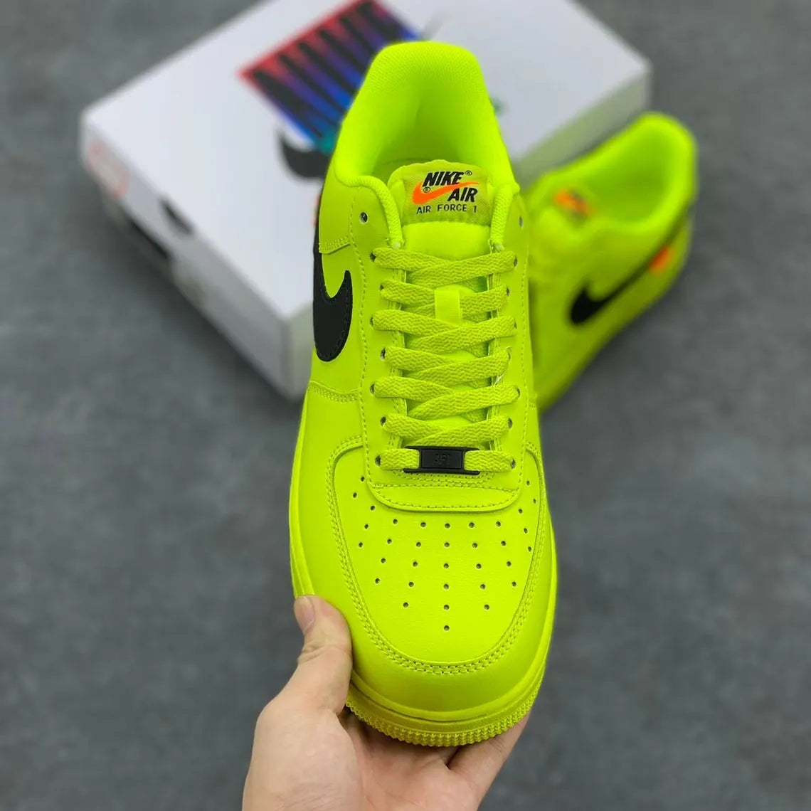 Custom Air Force 1 Neon Yellow With Black Swoosh And Orange Tag
